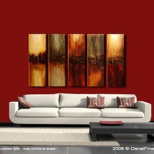 May include: Abstract art painting in shades of brown, gold, and red, with a white couch and a black coffee table in the foreground.
