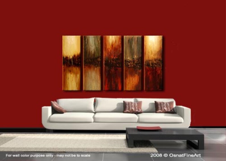 May include: Abstract art painting in shades of brown, gold, and red, with a white couch and a black coffee table in the foreground.