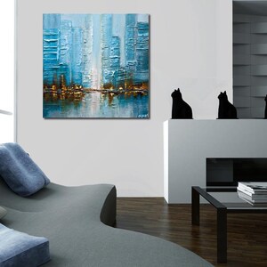 Light Blue City Painting on Canvas: Abstract Textured Art image 3