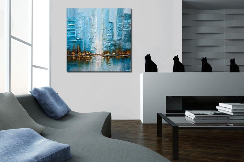 Light Blue City Painting on Canvas: Abstract Textured Art image 3