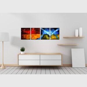 May include: Four abstract art prints with a mix of red, orange, blue, and yellow colors. The prints are arranged in a row on a white wall above a wooden shelf and a white dresser.