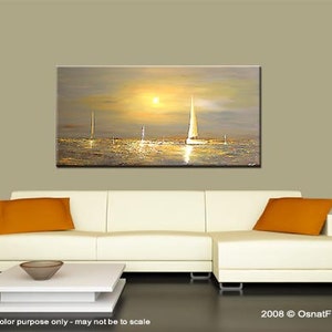 May include: A painting of a seascape with sailboats on a calm body of water. The sun is setting in the background, casting a warm glow on the water. The painting is done in a palette of gold, brown, and blue.