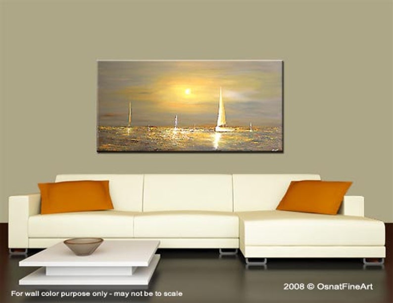 May include: A painting of a seascape with sailboats on a calm body of water. The sun is setting in the background, casting a warm glow on the water. The painting is done in a palette of gold, brown, and blue.
