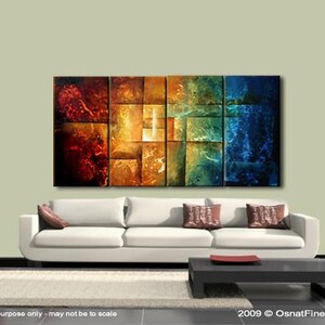 May include: Abstract painting with a geometric design in shades of red, orange, yellow, green, and blue. The painting is divided into squares and rectangles, creating a sense of depth and movement.