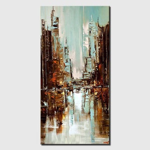 May include: Abstract painting of a city skyline with brown and blue buildings reflected in a body of water. The painting has a textured, impasto style.