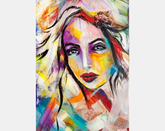 colorful abstract female Portrait painting on canvas, original feminist textured art, modern home decor  Osnat