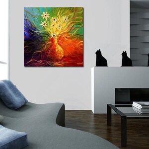 May include: Abstract painting of a vase with white flowers in a rainbow of colors. The vase is yellow and the flowers are white with yellow centers. The background is a mix of red, orange, yellow, green, blue, and purple.