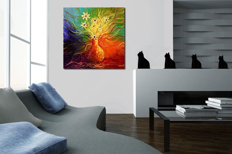 May include: Abstract painting of a vase with white flowers in a rainbow of colors. The vase is yellow and the flowers are white with yellow centers. The background is a mix of red, orange, yellow, green, blue, and purple.