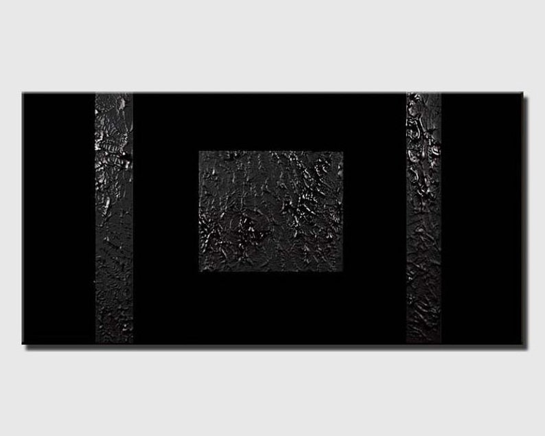 May include: Abstract black and white painting with a textured surface. The painting features a square shape within a larger square shape.