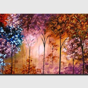 May include: Abstract painting of a forest with trees in shades of blue, purple, red, orange, and brown. The trees are painted in a loose, expressive style, with thick brushstrokes and a sense of movement. The background is a soft, hazy orange.