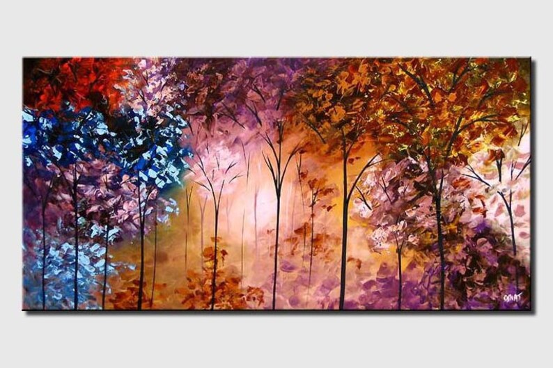 May include: Abstract painting of a forest with trees in shades of blue, purple, red, orange, and brown. The trees are painted in a loose, expressive style, with thick brushstrokes and a sense of movement. The background is a soft, hazy orange.