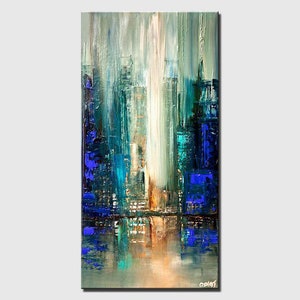May include: Abstract painting of a city skyline in shades of blue, green, and white. The painting has a textured, brushstroke effect.