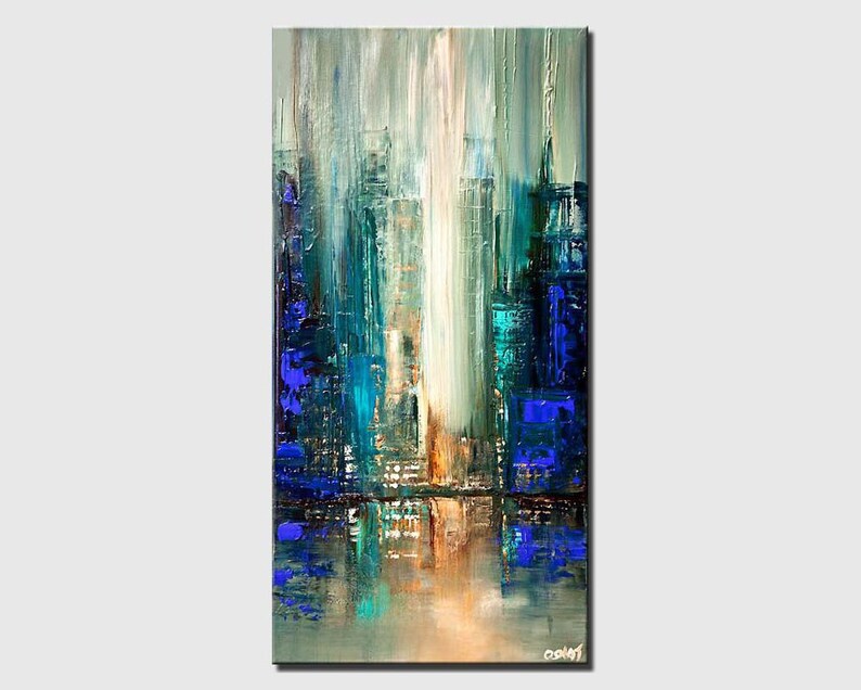 May include: Abstract painting of a city skyline in shades of blue, green, and white. The painting has a textured, brushstroke effect.