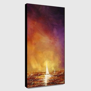May include: Abstract painting of a sunset over the ocean with white sailboats in the distance. The sky is a mix of orange, yellow, and purple. The water is a dark blue with hints of gold.