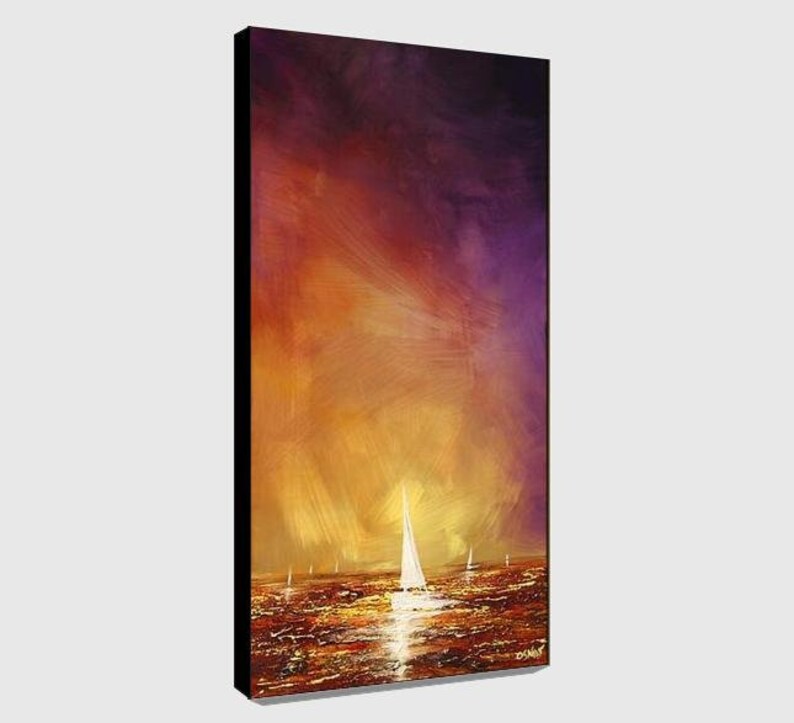 May include: Abstract painting of a sunset over the ocean with white sailboats in the distance. The sky is a mix of orange, yellow, and purple. The water is a dark blue with hints of gold.