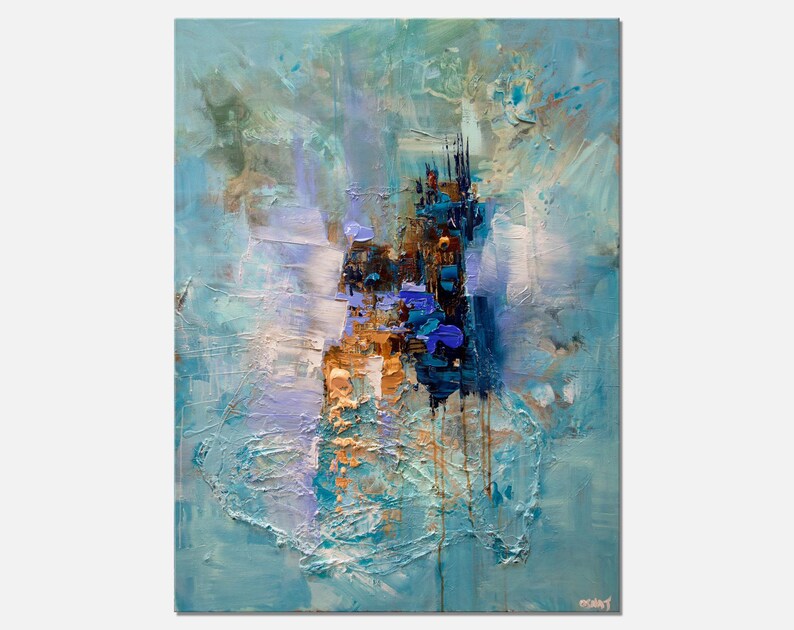 May include: Abstract painting with blue, white, and gold hues. The painting features a textured, layered style with brushstrokes and splatters of paint.