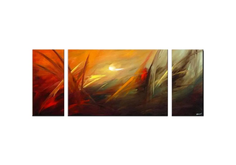 May include: Abstract triptych painting with a warm color palette. The central panel features a bright yellow sun with orange and red hues in the background. The side panels feature a darker, more muted color scheme with brown and black tones.