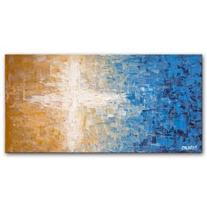 May include: Abstract painting with a white cross shape in the center, transitioning from a warm yellow to a cool blue color.