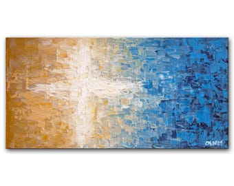 textured abstract painting, original small cross wall art in beach colors by Osnat