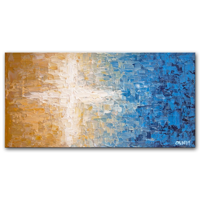May include: Abstract painting with a white cross shape in the center, transitioning from a warm yellow to a cool blue color.