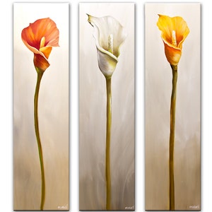 May include: A triptych of three abstract paintings featuring a single white, orange, and red calla lily on a light brown background.