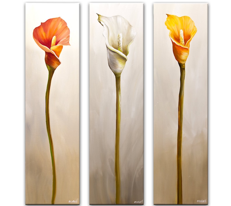 May include: A triptych of three abstract paintings featuring a single white, orange, and red calla lily on a light brown background.