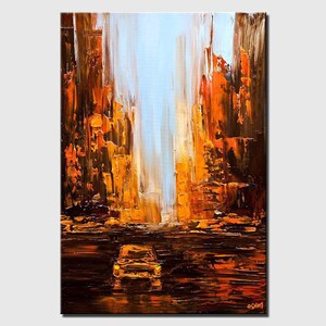 May include: Abstract painting of a city street scene with a yellow car driving down the street. The buildings are painted in shades of orange, brown, and white. The painting has a textured, impasto style.