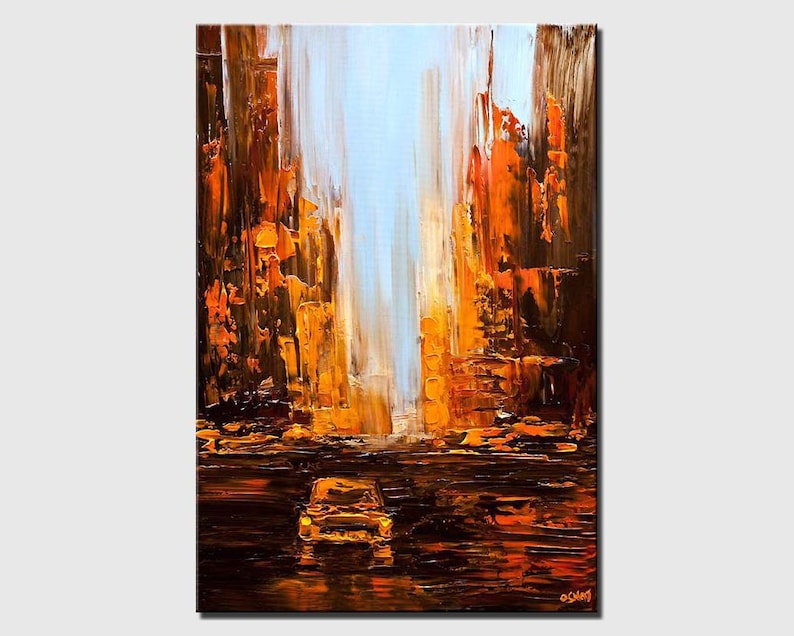 May include: Abstract painting of a city street scene with a yellow car driving down the street. The buildings are painted in shades of orange, brown, and white. The painting has a textured, impasto style.