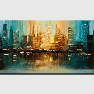 Teal Abstract Cityscape Painting: Textured Modern Wall Art