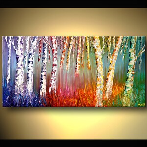 May include: Abstract painting of a birch tree forest with colorful brushstrokes. The trees are white with black markings and the background is a gradient of purple, orange, and green.