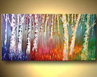 Abstract Birch Tree Painting: Modern Forest Landscape Art on Canvas
