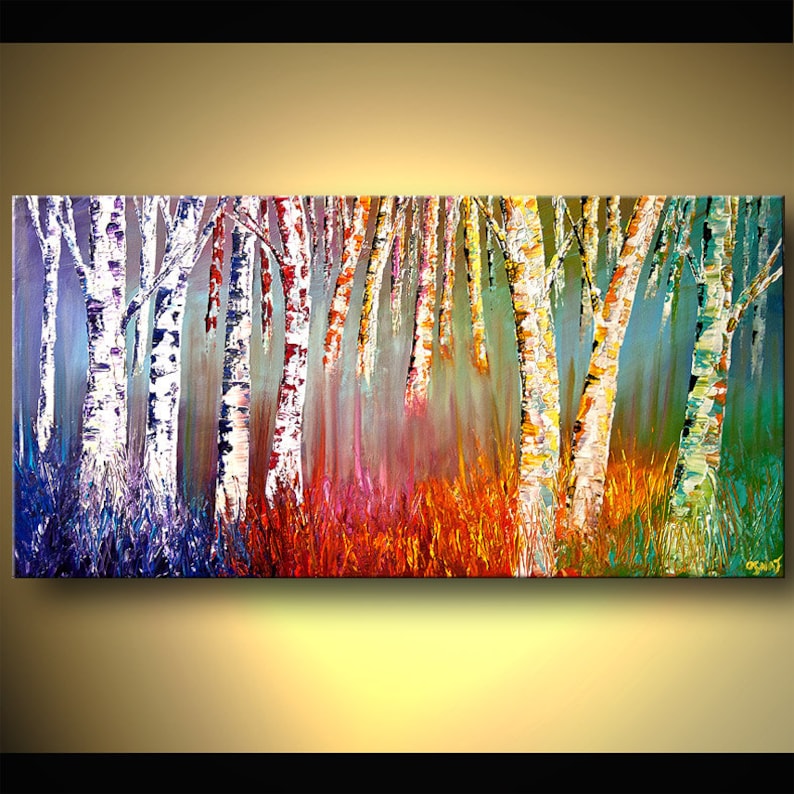 May include: Abstract painting of a birch tree forest with colorful brushstrokes. The trees are white with black markings and the background is a gradient of purple, orange, and green.