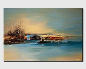 paysage bleu moderne Peinture abstraite, art sur toile art paysager naturel pour salon, décor moderne - CUSTOM ART