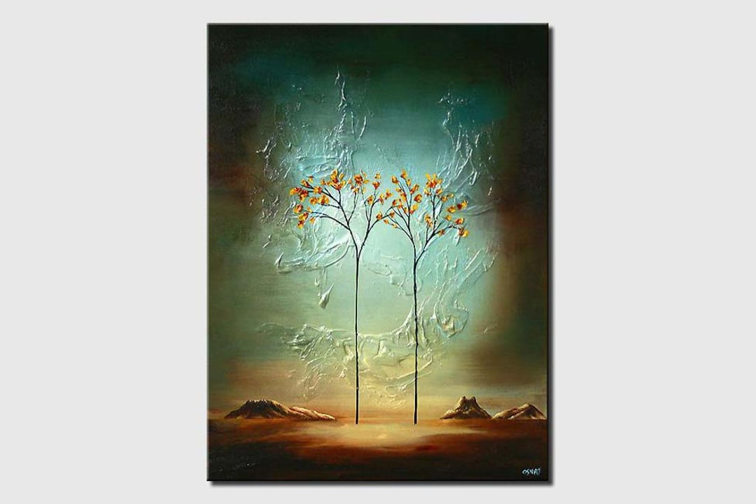 Teal Abstract Painting on Canvas, Original Textured Tree Art Modern ...