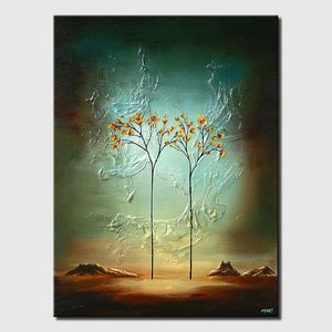 May include: Abstract painting of two trees with orange blossoms against a teal and silver background. The trees are silhouetted against a light blue sky with a brown landscape at the bottom.