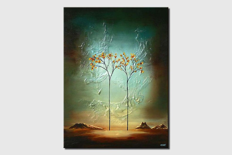 May include: Abstract painting of two trees with orange blossoms against a teal and silver background. The trees are silhouetted against a light blue sky with a brown landscape at the bottom.