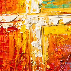 May include: Abstract painting with thick layers of white, yellow, orange, and red paint. The paint is applied in a textured, impasto style, creating a sense of depth and movement.