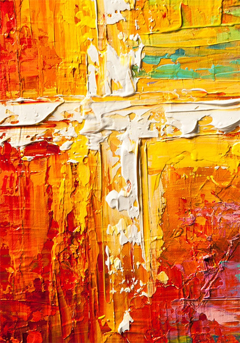 May include: Abstract painting with thick layers of white, yellow, orange, and red paint. The paint is applied in a textured, impasto style, creating a sense of depth and movement.