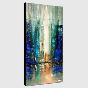 May include: Abstract painting of a city skyline in shades of blue, green, and white. The painting has a textured, brushstroke effect and depicts a cityscape with tall buildings and a reflective water surface.