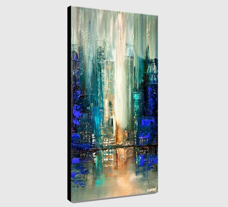 May include: Abstract painting of a city skyline in shades of blue, green, and white. The painting has a textured, brushstroke effect and depicts a cityscape with tall buildings and a reflective water surface.