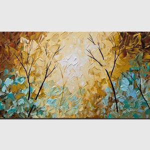 May include: Abstract painting of a forest scene with brown, yellow, and blue hues. The painting features stylized trees with branches reaching towards a bright white sky.