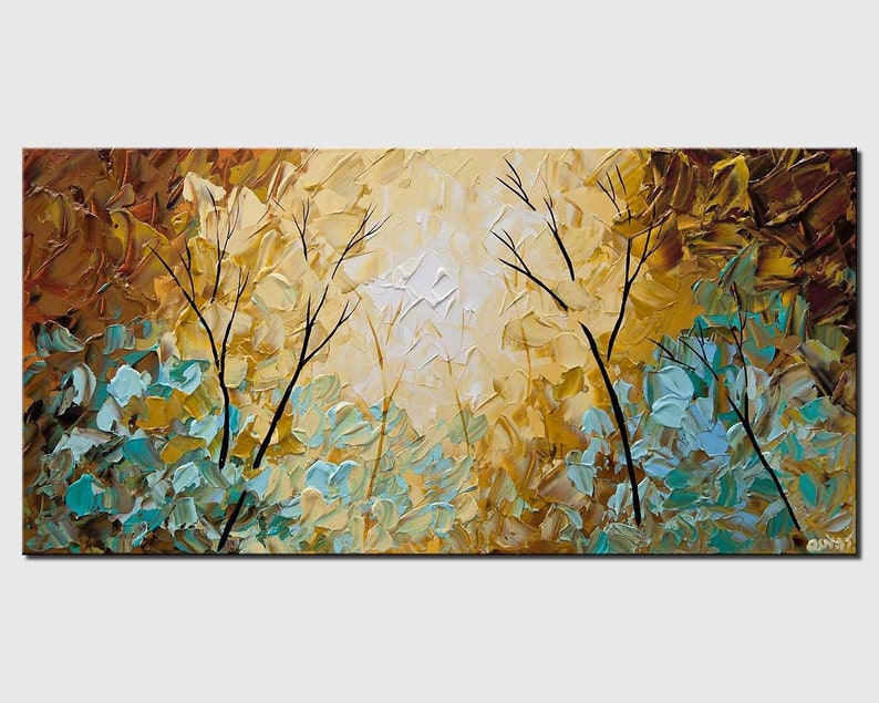 May include: Abstract painting of a forest scene with brown, yellow, and blue hues. The painting features stylized trees with branches reaching towards a bright white sky.