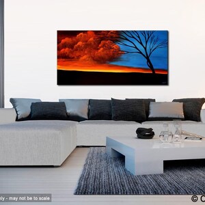 May include: Abstract painting of a fiery orange and red sunset with a dark silhouette of a tree in the foreground. The sky is divided in half, with the left side being the sunset and the right side being a dark blue sky.
