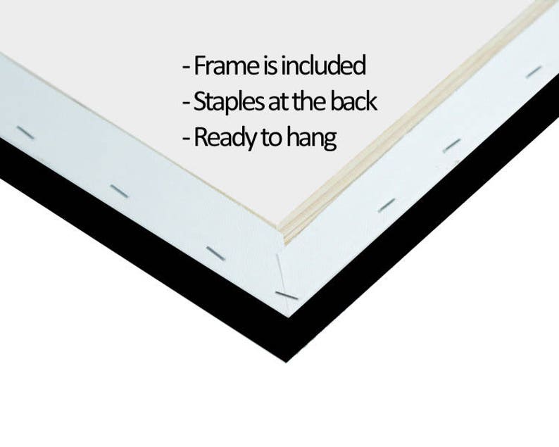 May include: A close-up of the back of a framed canvas print. The frame is black and the canvas is white. The text on the canvas reads: "Frame is included - Staples at the back - Ready to hang".