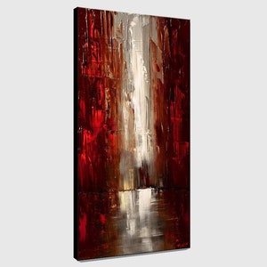 May include: Abstract painting with bold strokes of red, brown, and white paint. The painting has a vertical orientation and a textured surface.