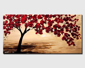Puede incluir: Pintura abstracta de un árbol rojo con un tronco marrón sobre un fondo beige. El árbol tiene muchas ramas con flores rojas. La pintura tiene un aspecto texturizado.