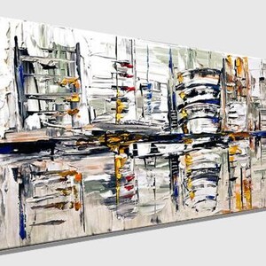 May include: Abstract painting with a white, gray, and black background. The painting features a variety of colors, including yellow, red, blue, and green. The painting is done in a thick, textured style.