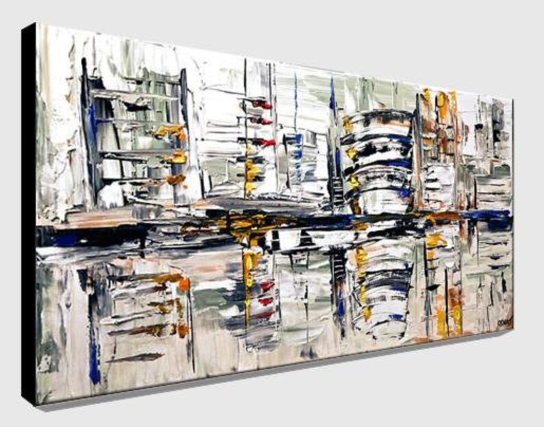 May include: Abstract painting with a white, gray, and black background. The painting features a variety of colors, including yellow, red, blue, and green. The painting is done in a thick, textured style.