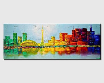 original city art on canvas textured colorful abstract city painting, modern living room wall art CUSTOM ART