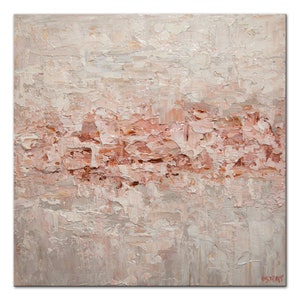 May include: Abstract painting with a textured, layered look. The painting features shades of white, pink, and beige, creating a soft and calming effect.
